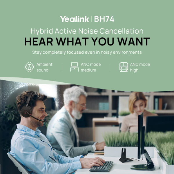 Yealink BH74 Wireless Active Noise Canceling Bluetooth Stereo On-Ear Computer Headset