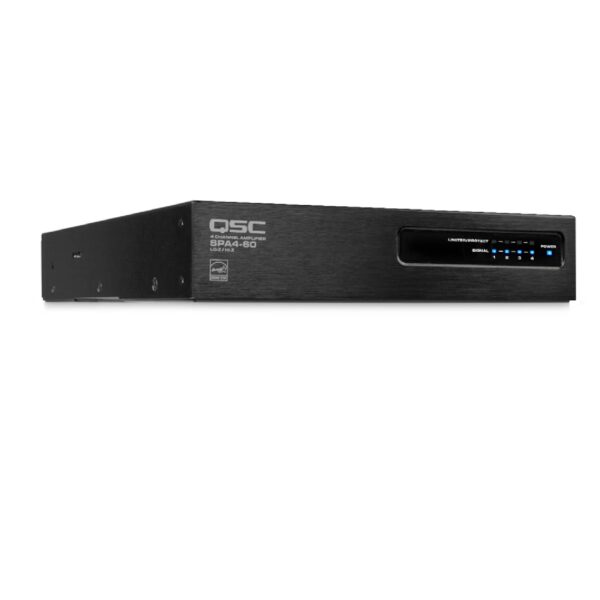 QSC 1/2 RU 4 Channel ENERGY STAR amplifier / Multichannel operation 60 watts into 8Ω & 4Ω, Bridged pair operation 200 watts into 8Ω & 4Ω, and 250 watts into 70v and 100v / 100-240 VAC Operation