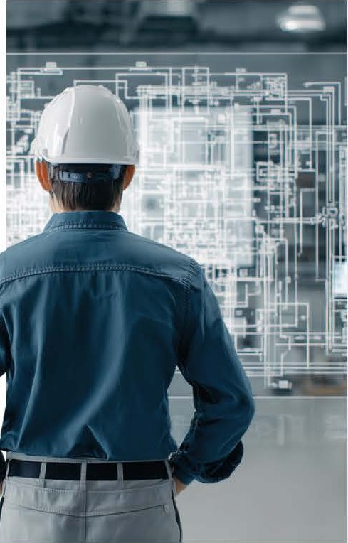 Construction professional in a hard hat reviewing technology infrastructure plans